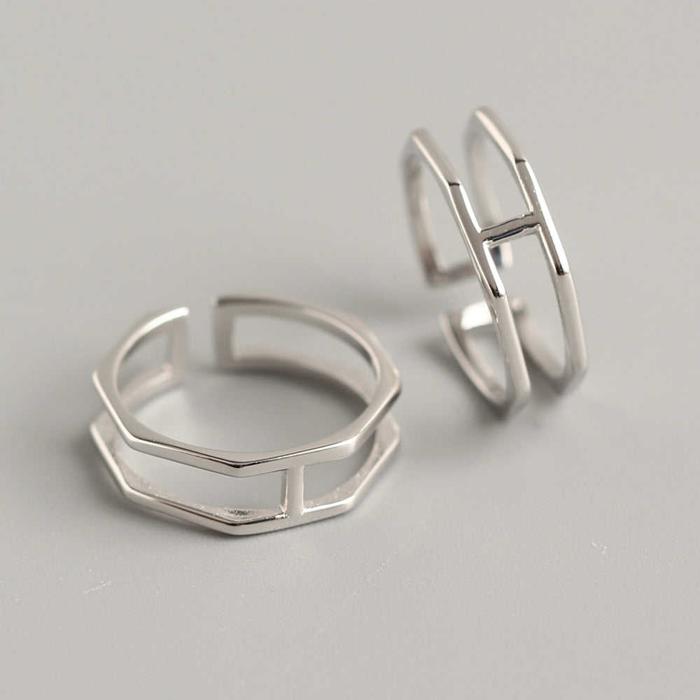 S925 Sterling Silver Double Band Hexagonal Open Ring for Women Minimalist Chic Geometric Stackable Ring