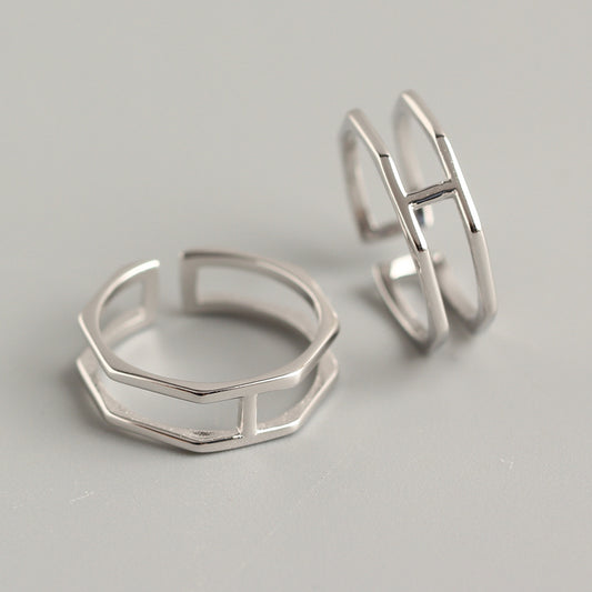 Anillo abierto hexagonal de doble banda de plata de ley 925 para mujer, anillo geométrico apilable minimalista y elegante