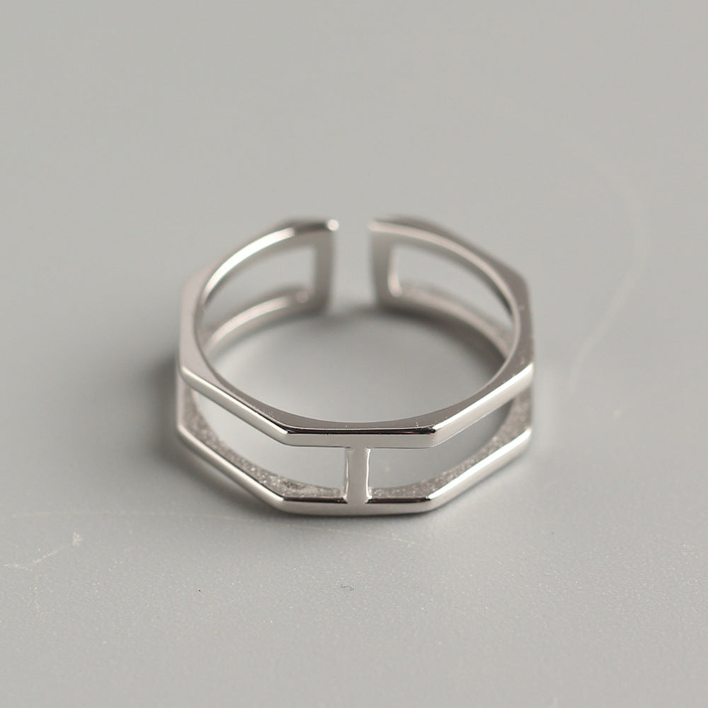 S925 Sterling Silver Double Band Hexagonal Open Ring for Women Minimalist Chic Geometric Stackable Ring