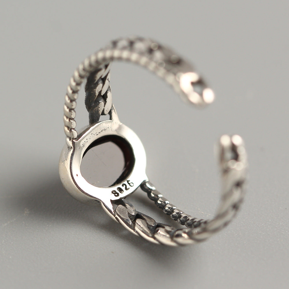 Anello regolabile in argento sterling S925 con intarsio in onice nero, design geometrico vintage, anello alla moda da donna