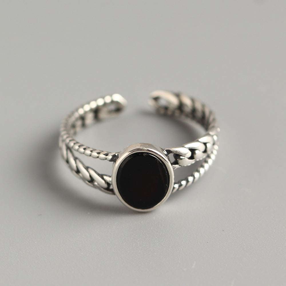 Anello regolabile in argento sterling S925 con intarsio in onice nero, design geometrico vintage, anello alla moda da donna