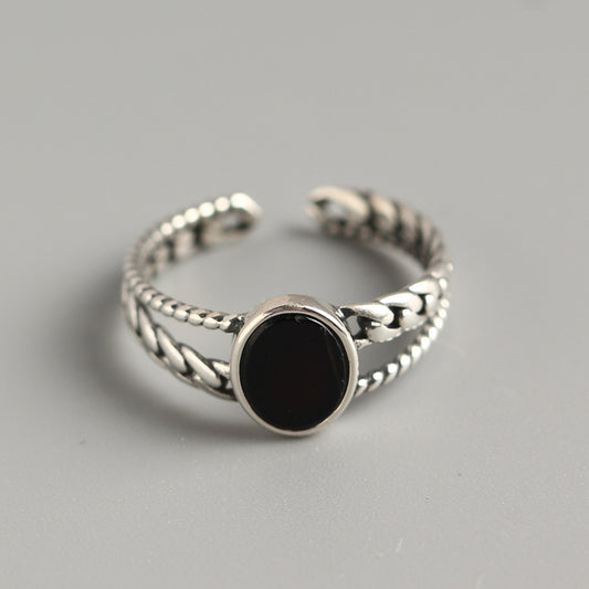 Anello regolabile in argento sterling S925 con intarsio in onice nero, design geometrico vintage, anello alla moda da donna