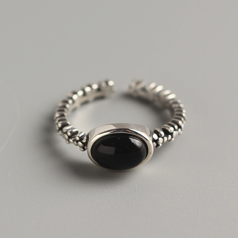 Anello da donna in argento sterling S925 con stella e ovale in agata nera, finitura antica geometrica minimalista
