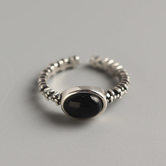 Anello da donna in argento sterling S925 con stella e ovale in agata nera, finitura antica geometrica minimalista