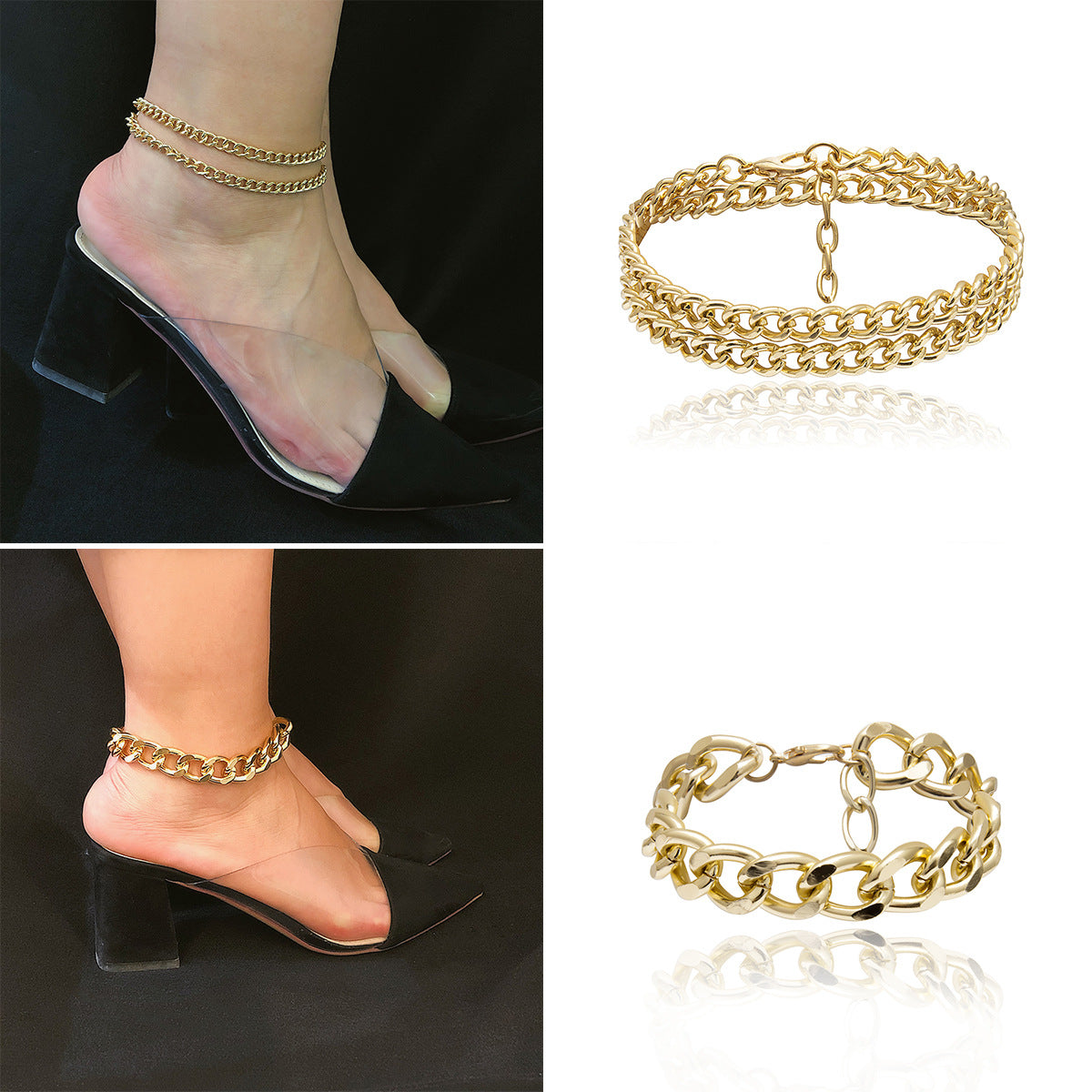 Cavigliera da donna esagerata con catena multistrato spessa, minimalista, fatta a mano in metallo, design geometrico