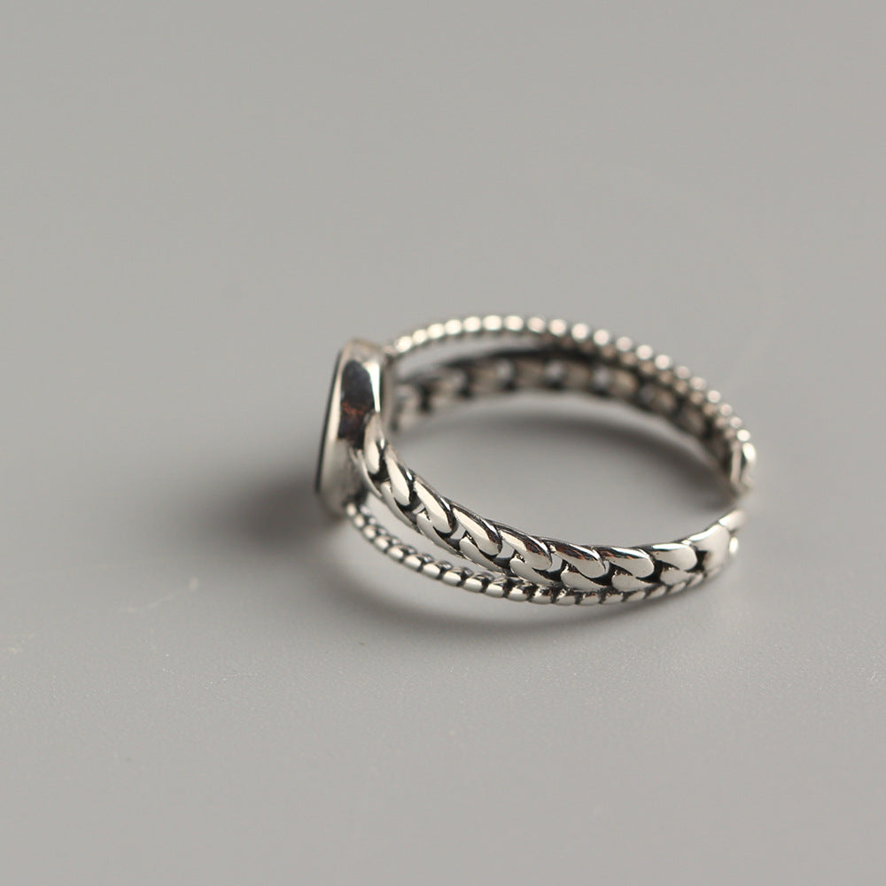 Anello regolabile in argento sterling S925 con intarsio in onice nero, design geometrico vintage, anello alla moda da donna