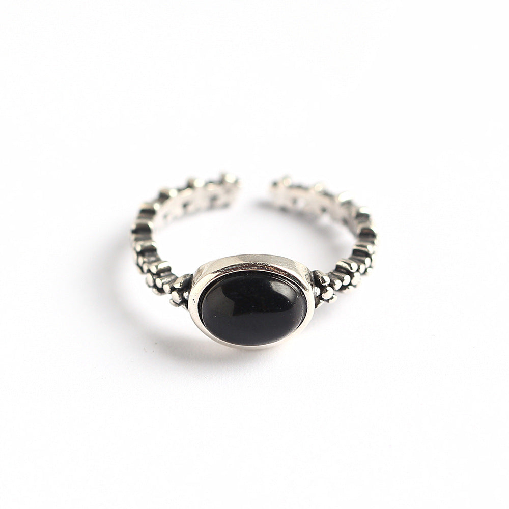 Anello da donna in argento sterling S925 con stella e ovale in agata nera, finitura antica geometrica minimalista