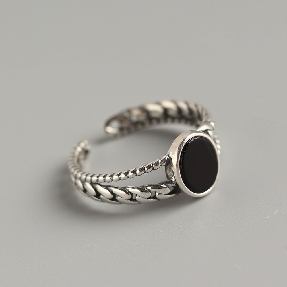 Anello regolabile in argento sterling S925 con intarsio in onice nero, design geometrico vintage, anello alla moda da donna