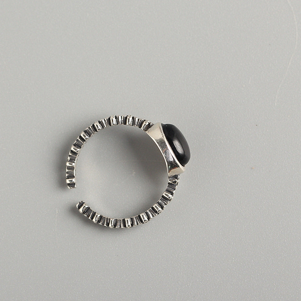 Anello da donna in argento sterling S925 con stella e ovale in agata nera, finitura antica geometrica minimalista