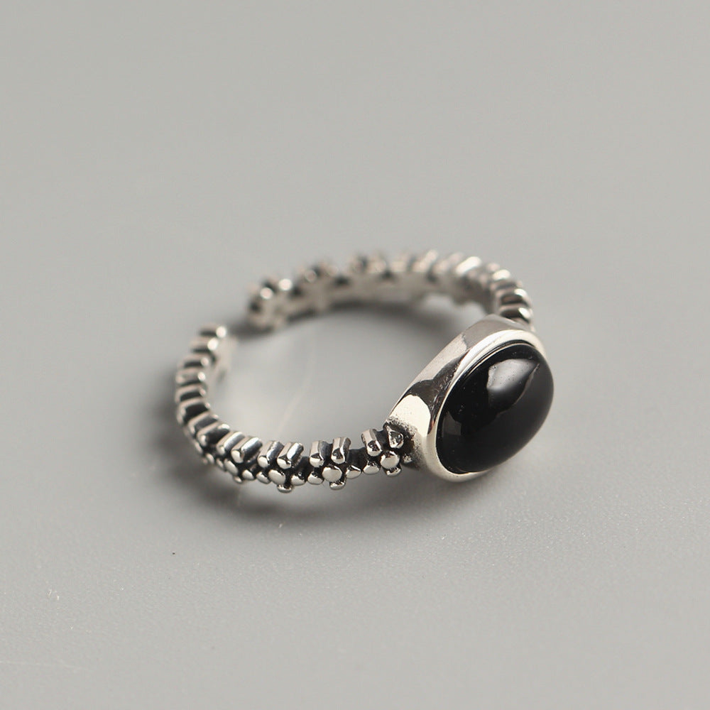 Anello da donna in argento sterling S925 con stella e ovale in agata nera, finitura antica geometrica minimalista