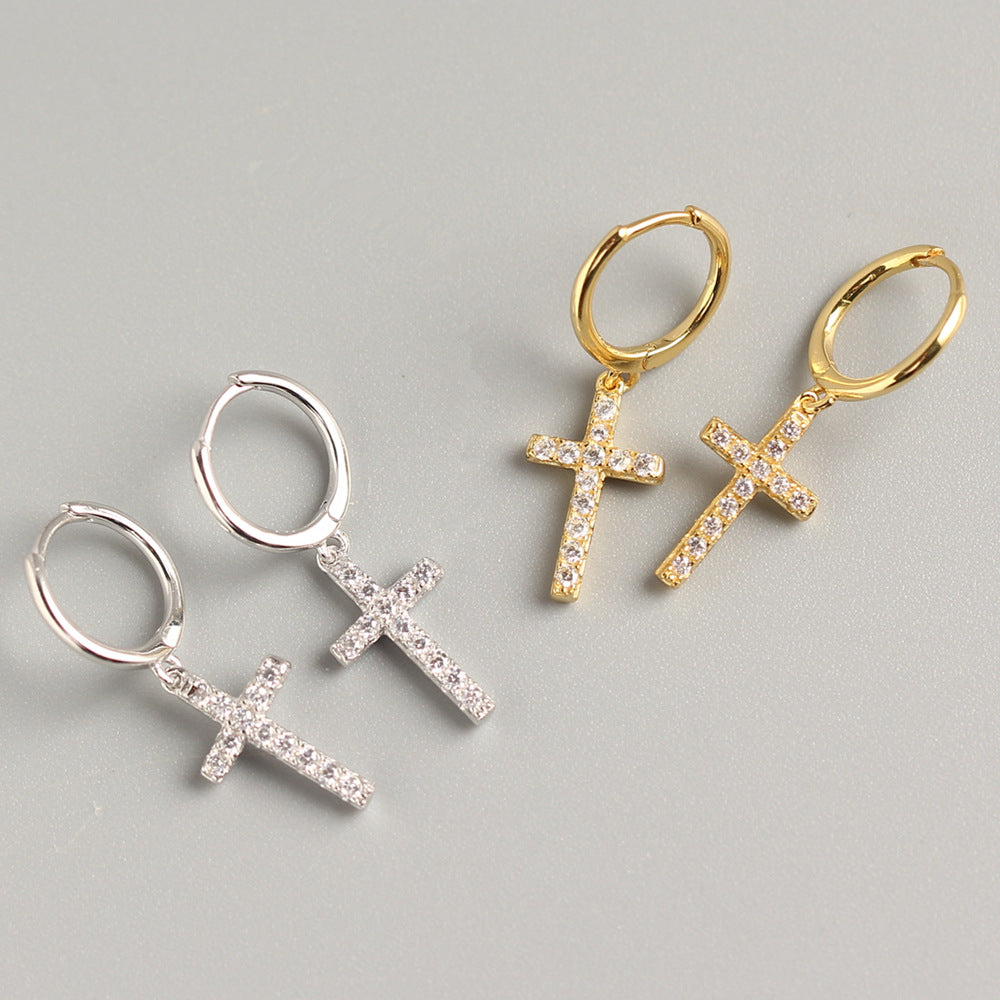 925 Sterling Silver Cross Inlay Diamond Hoop Earrings