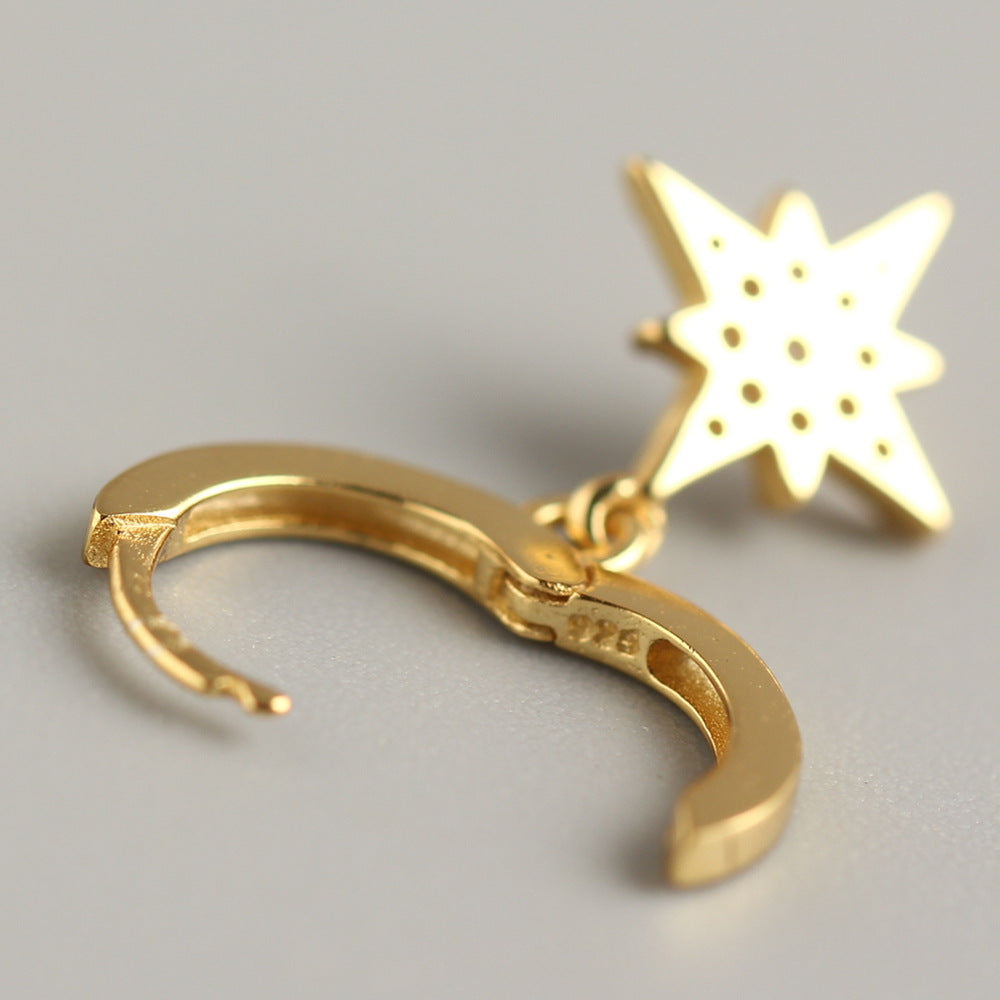 Streetwear 925 Sterling Silver Star Inlay Diamond Hoop Earrings Geometric Design