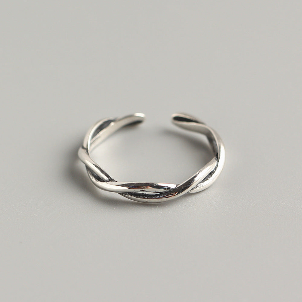 S925 Sterling Silver Wave Twist Open Ring for Women Minimalist Vintage Antique Finish Band