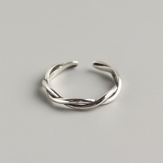S925 Sterling Silver Wave Twist Open Ring for Women Minimalist Vintage Antique Finish Band