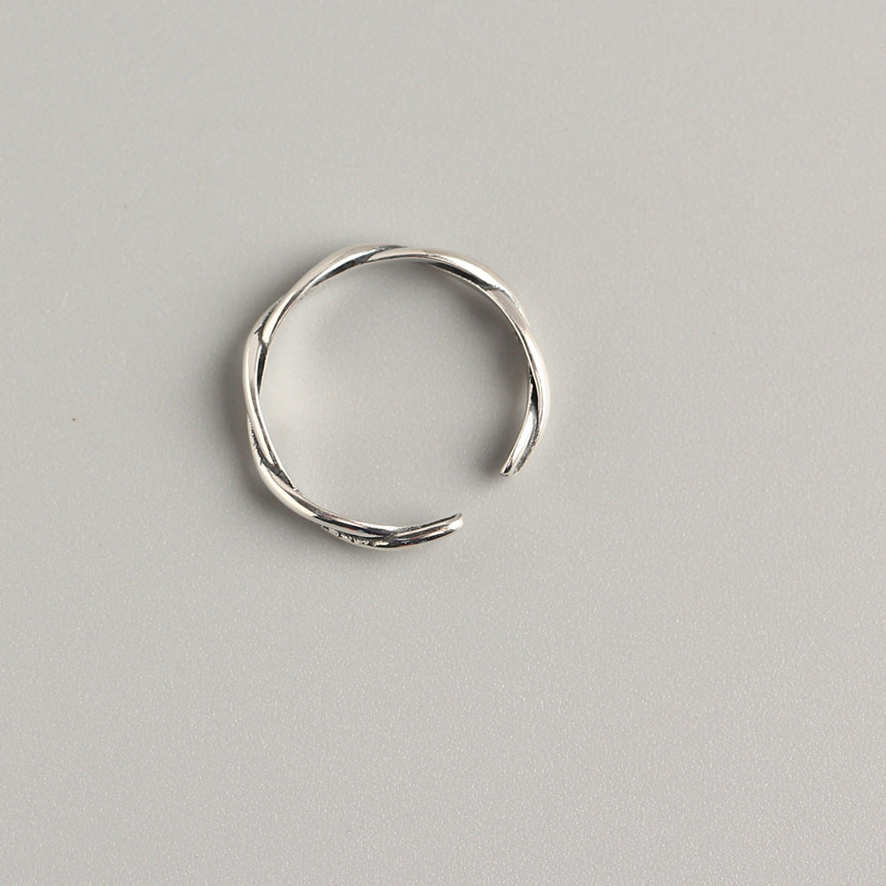 S925 Sterling Silver Wave Twist Open Ring for Women Minimalist Vintage Antique Finish Band
