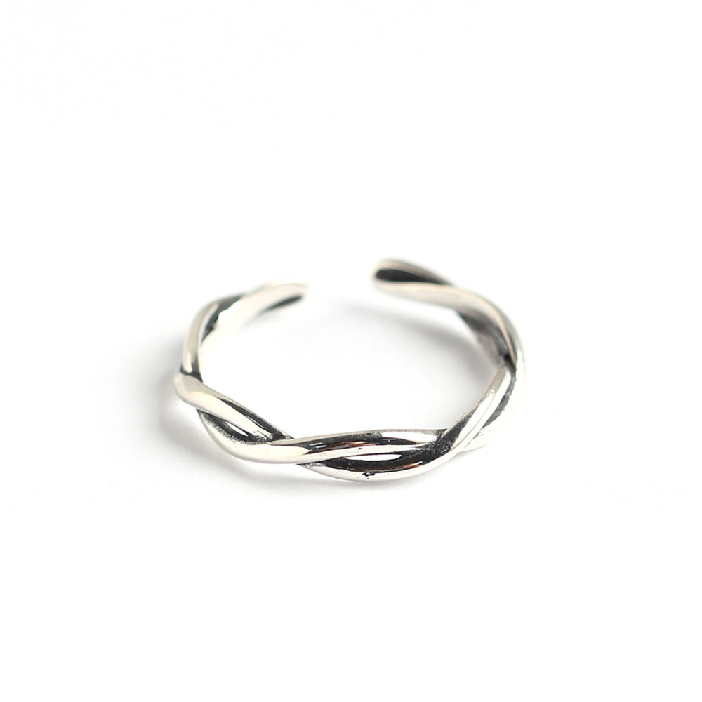 S925 Sterling Silver Wave Twist Open Ring for Women Minimalist Vintage Antique Finish Band