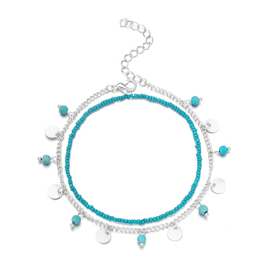 Tobillera geométrica minimalista con cuentas turquesas y lentejuelas para mujer, tobillera de aleación para verano