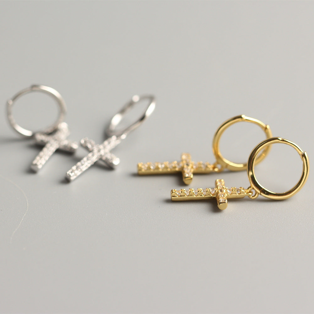 925 Sterling Silver Cross Inlay Diamond Hoop Earrings