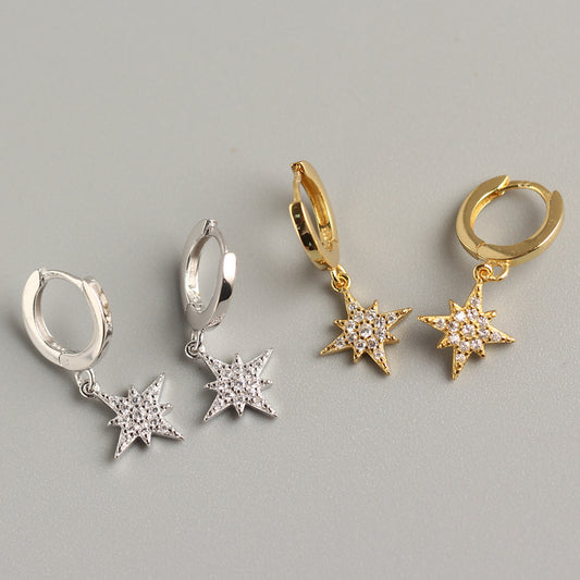 Orecchini a cerchio in argento sterling 925 con intarsi a stella e diamanti, stile streetwear, design geometrico