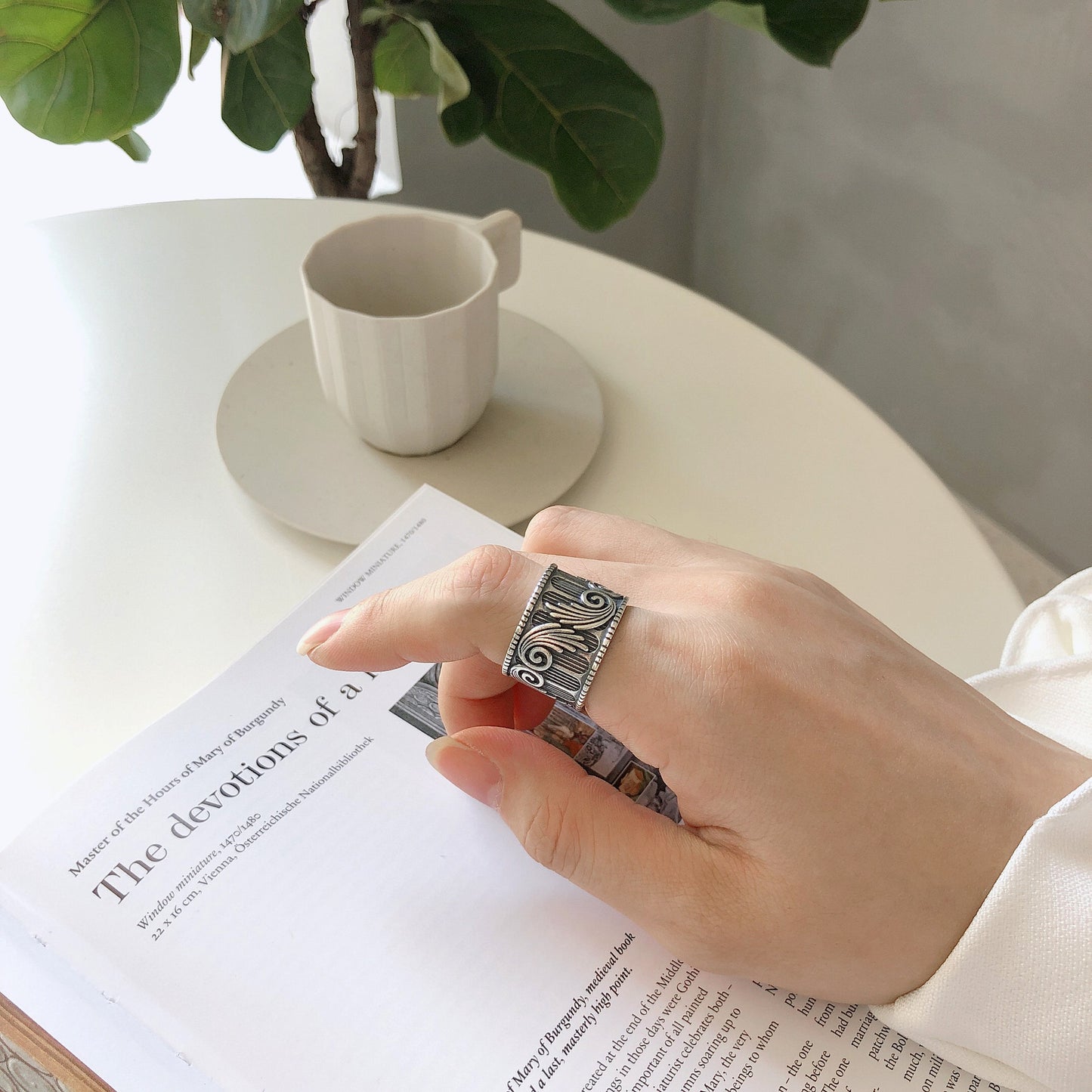 Vintage Minimalist 925 Sterling Silver Heart Wing Wide Open Ring with Silver Inlay for Women