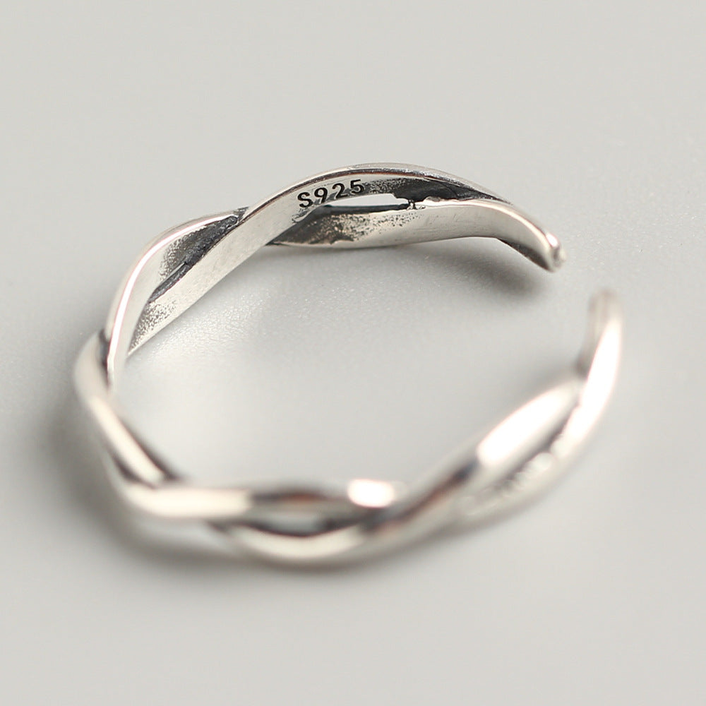 S925 Sterling Silver Wave Twist Open Ring for Women Minimalist Vintage Antique Finish Band