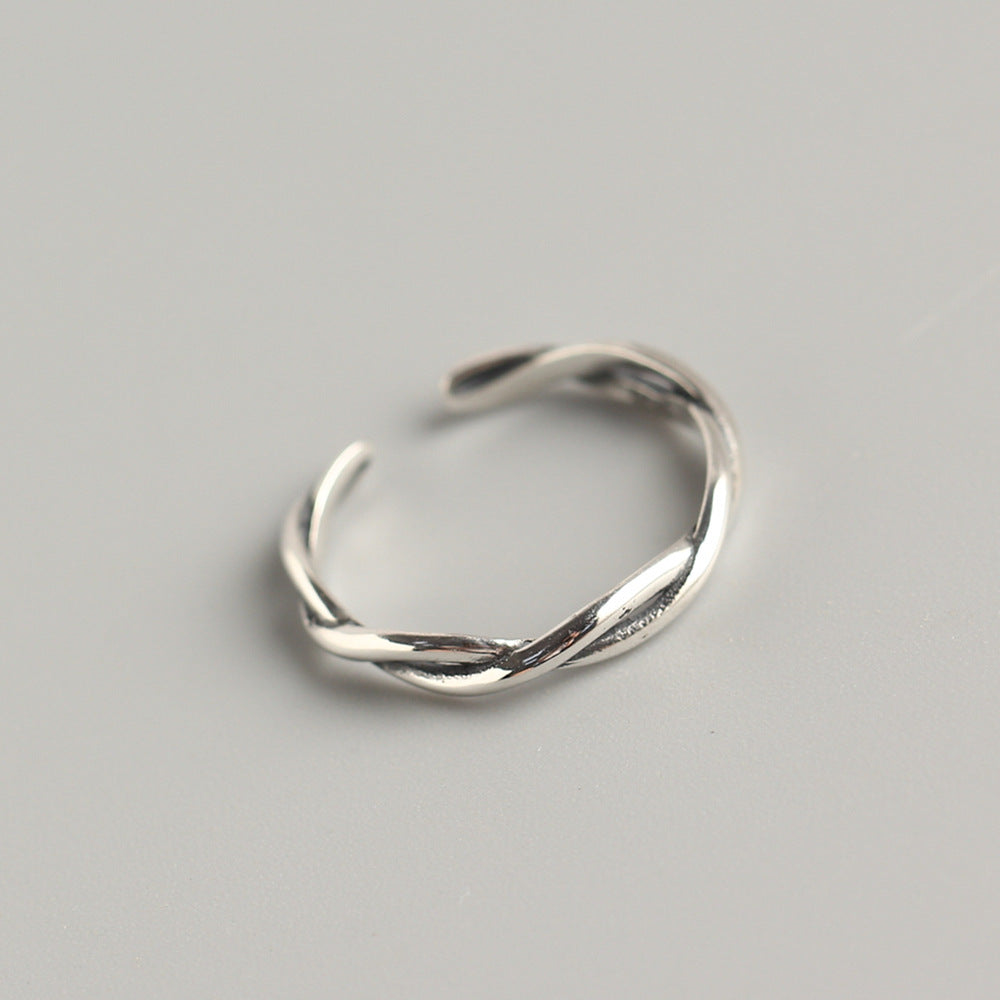 S925 Sterling Silver Wave Twist Open Ring for Women Minimalist Vintage Antique Finish Band