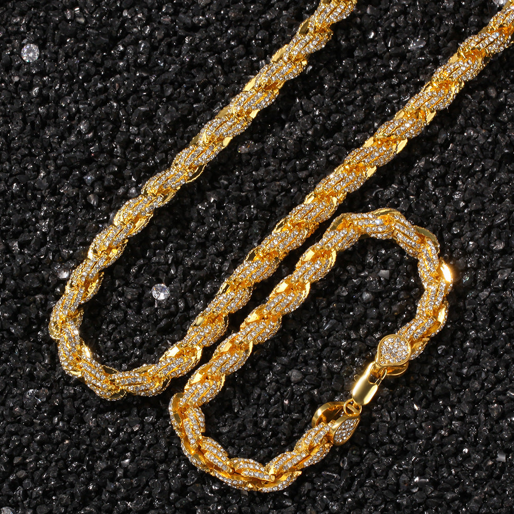 Hip-hop Gold Plated Alloy Rhinestone Inlay Rope Chain Necklace for Men