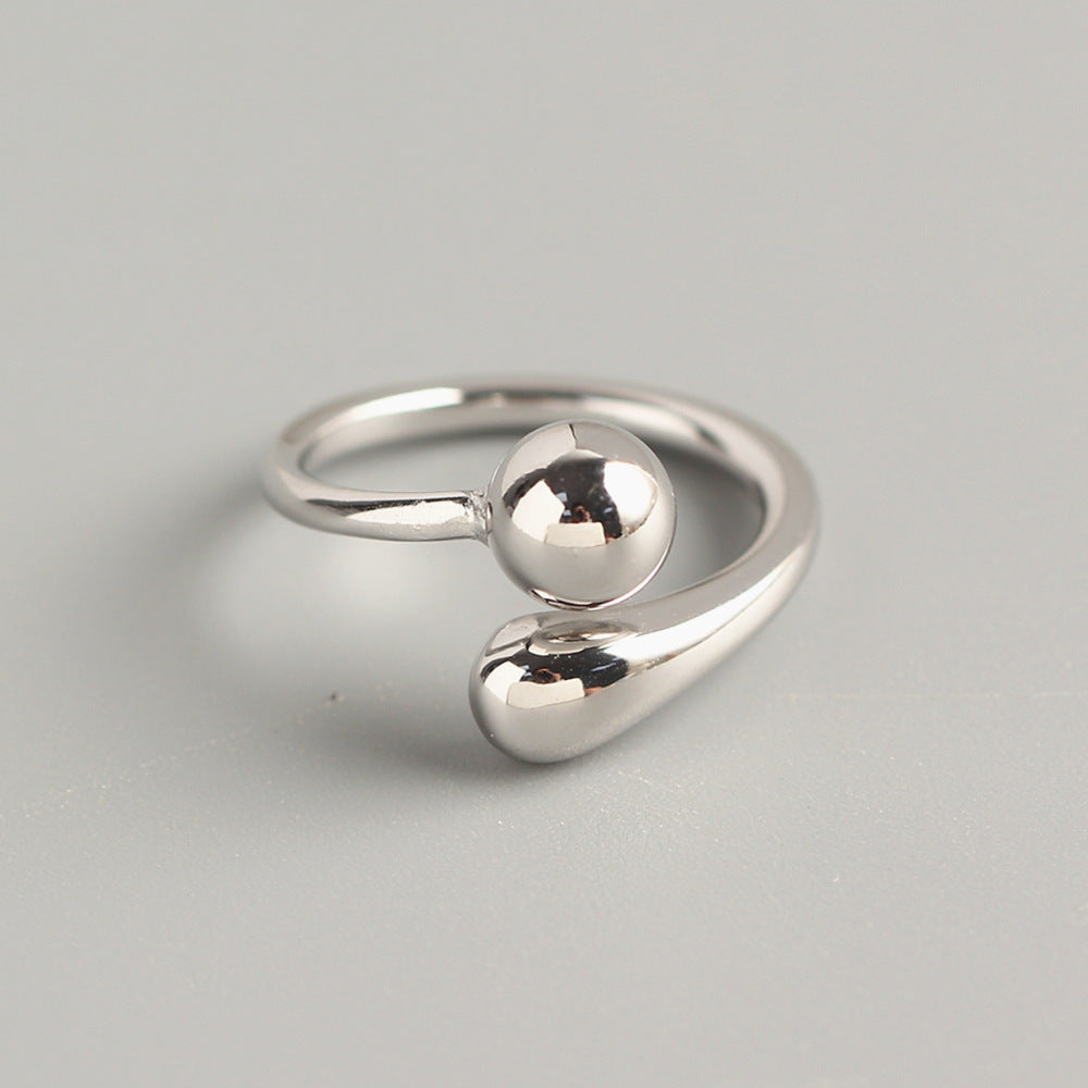 Minimalist 925 Sterling Silver Teardrop Round Bead Ring for Women