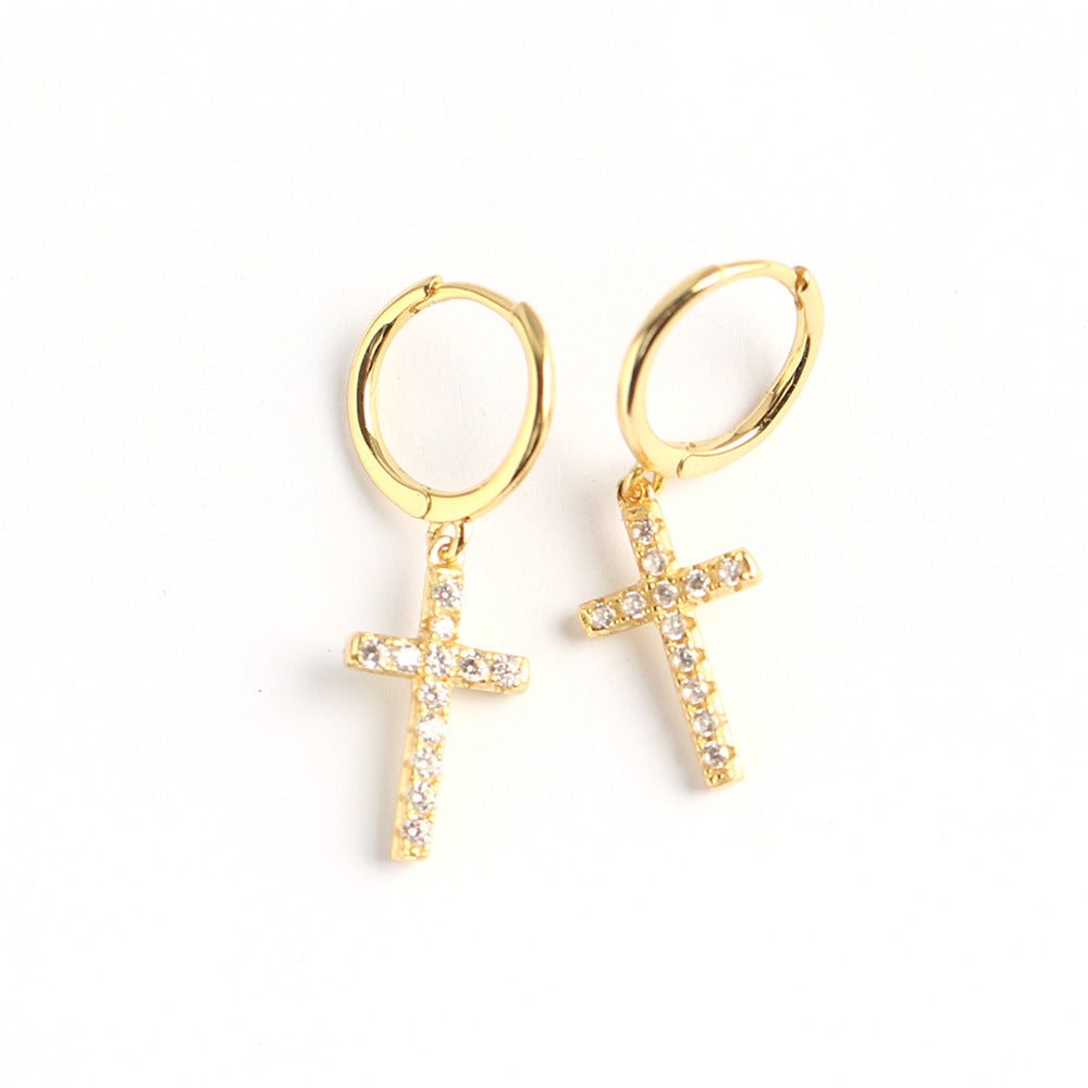 925 Sterling Silver Cross Inlay Diamond Hoop Earrings