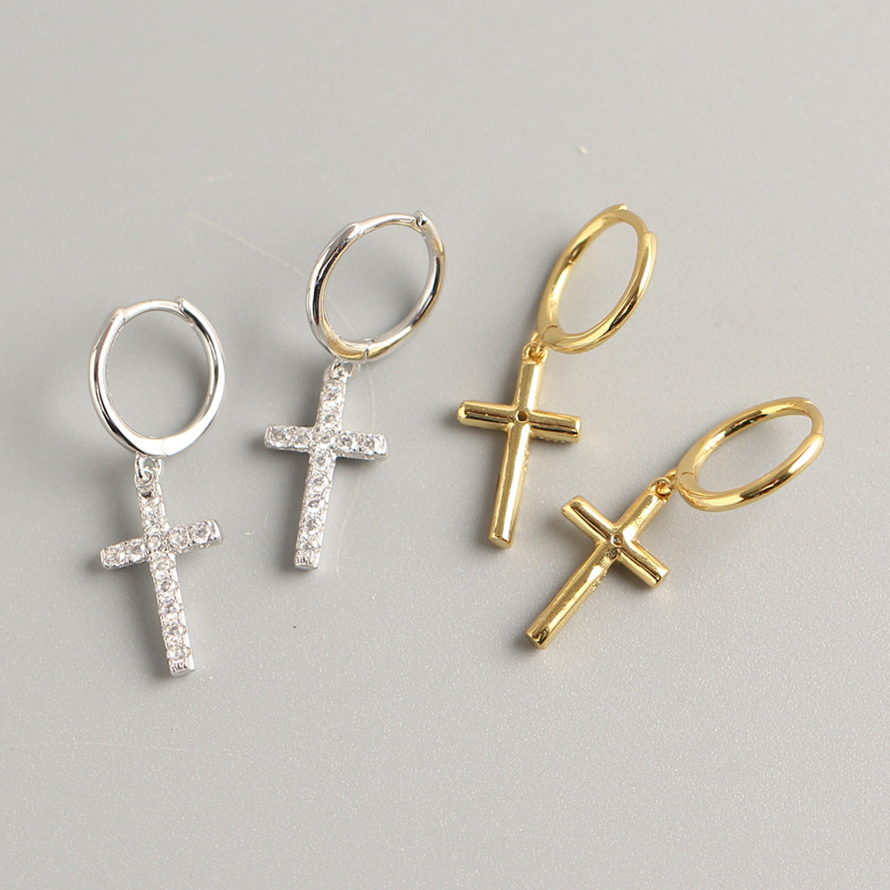 925 Sterling Silver Cross Inlay Diamond Hoop Earrings