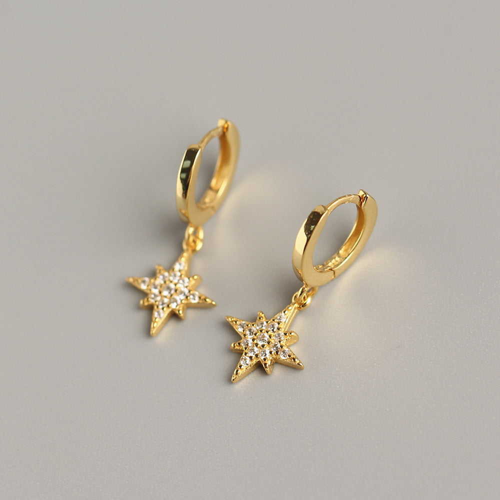 Streetwear 925 Sterling Silver Star Inlay Diamond Hoop Earrings Geometric Design