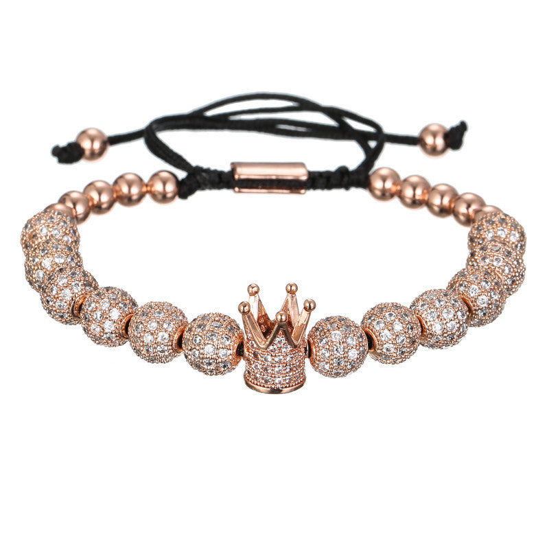 Fashion Geometric Micro-pave Cubic Zirconia Brass Round Bead Crown Braided Adjustable Bracelet