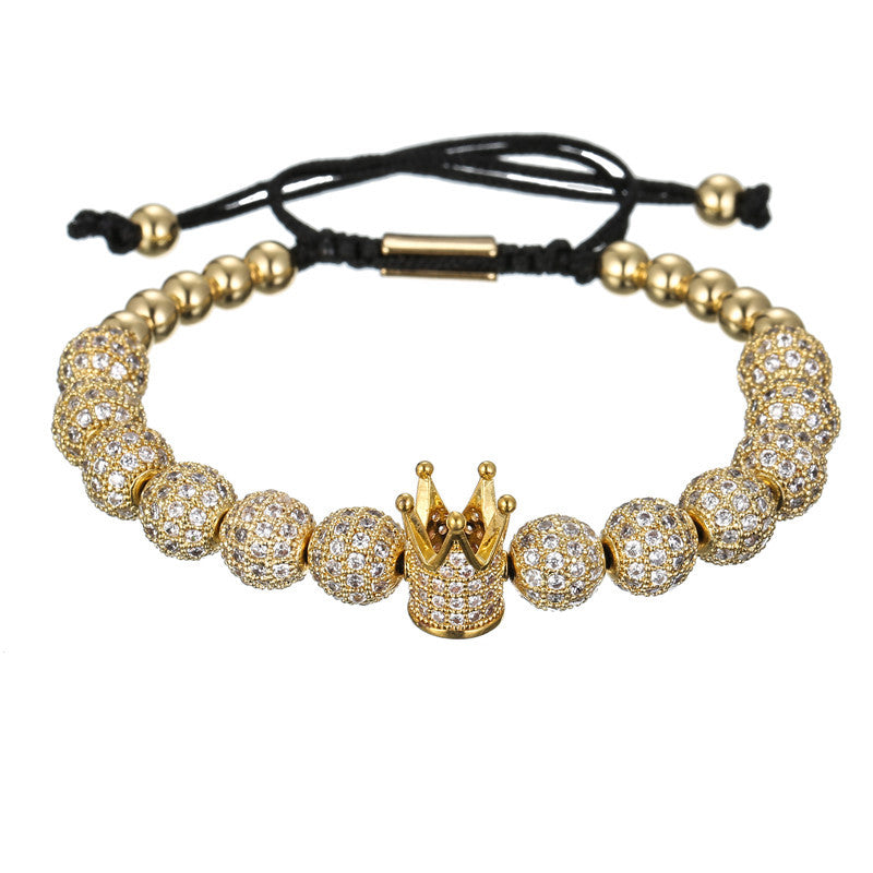 Fashion Geometric Micro-pave Cubic Zirconia Brass Round Bead Crown Braided Adjustable Bracelet