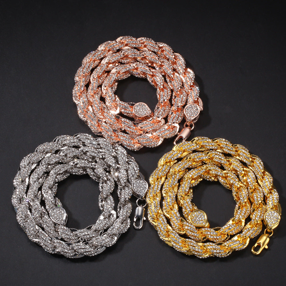 Hip-hop Gold Plated Alloy Rhinestone Inlay Rope Chain Necklace for Men
