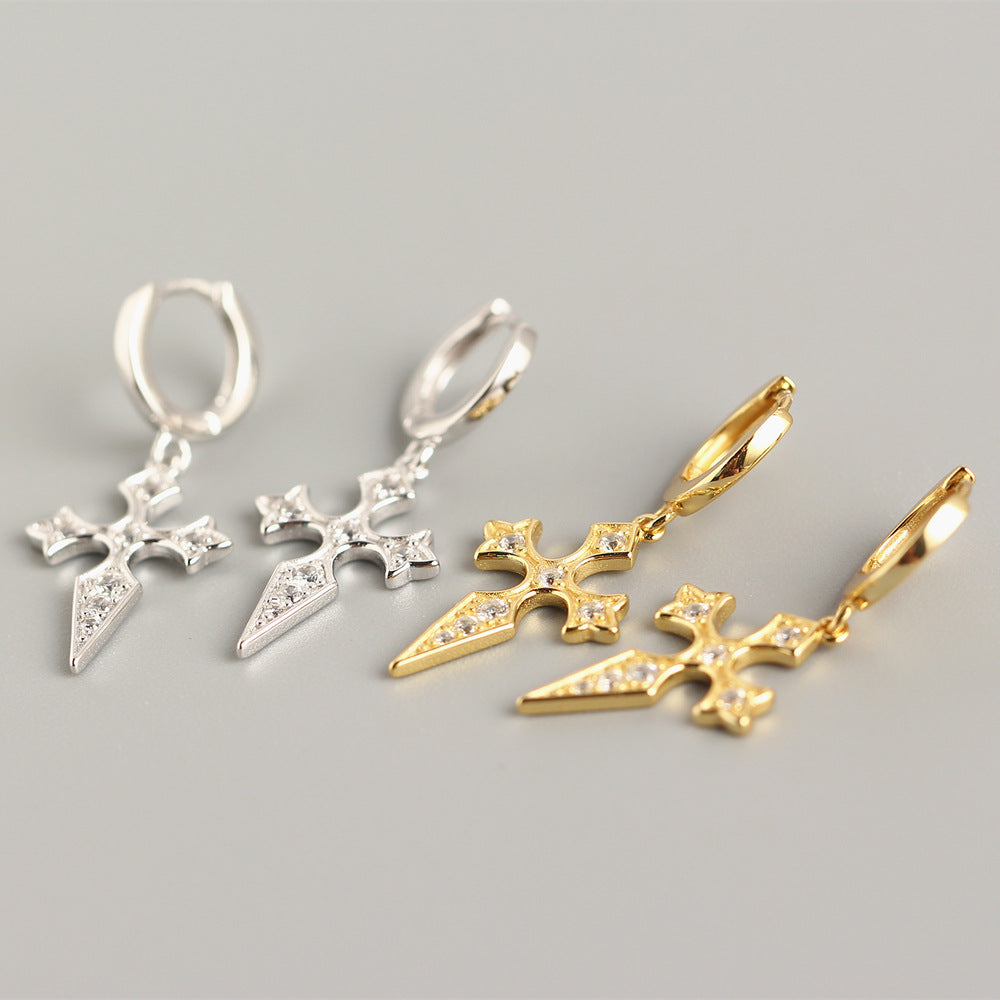Eleganti orecchini di lusso con croce in argento sterling 925 e intarsio di diamanti