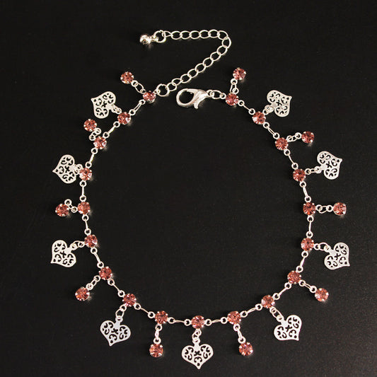 Tobillera de playa para mujer con forma de corazón, de cobre con incrustaciones de diamantes de imitación