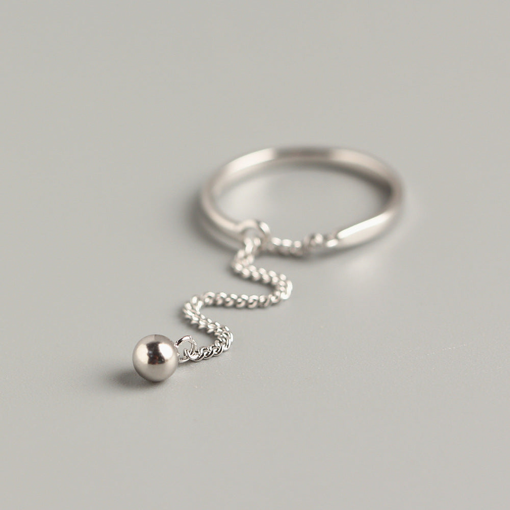 Anillo de cadena de cuentas redondas de plata de ley 925 minimalista con borla para mujer