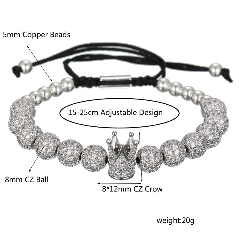 Fashion Geometric Micro-pave Cubic Zirconia Brass Round Bead Crown Braided Adjustable Bracelet