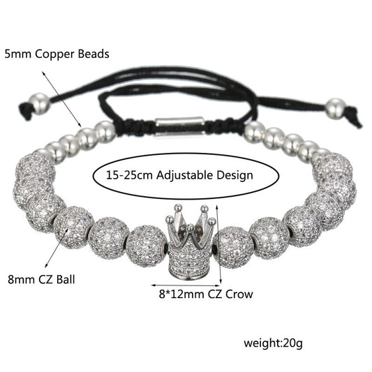 Fashion Geometric Micro-pave Cubic Zirconia Brass Round Bead Crown Braided Adjustable Bracelet