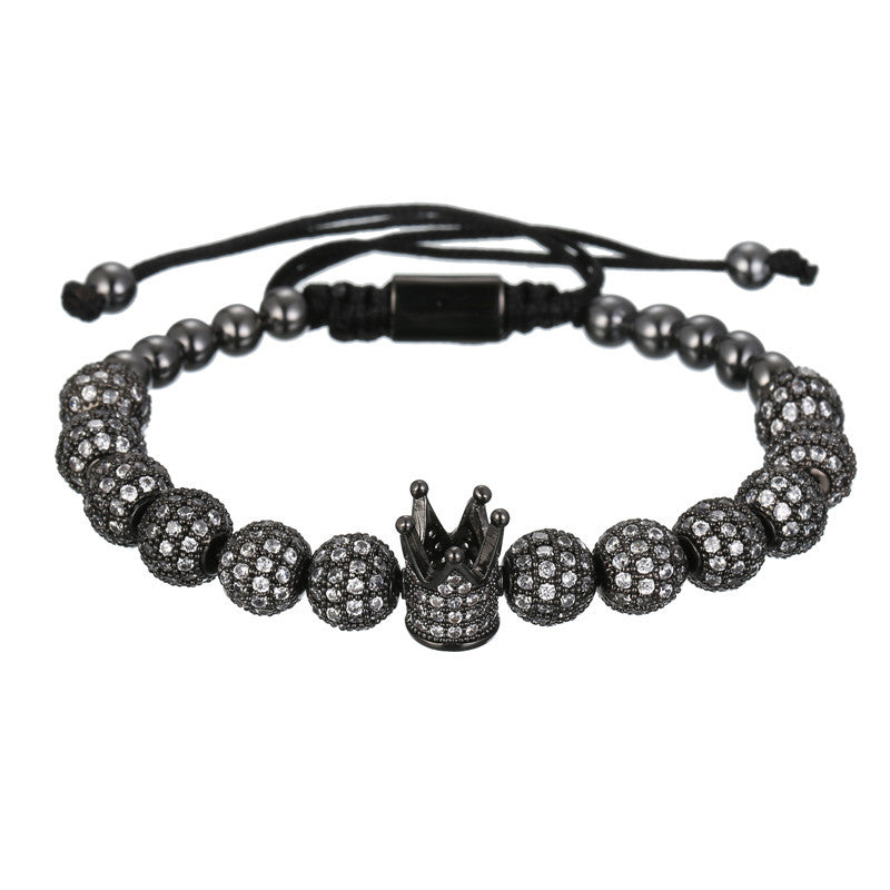 Fashion Geometric Micro-pave Cubic Zirconia Brass Round Bead Crown Braided Adjustable Bracelet