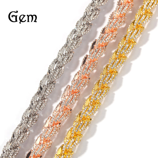 Collar de cadena de cuerda con incrustaciones de diamantes de imitación de aleación chapada en oro estilo Hip-Hop para hombres