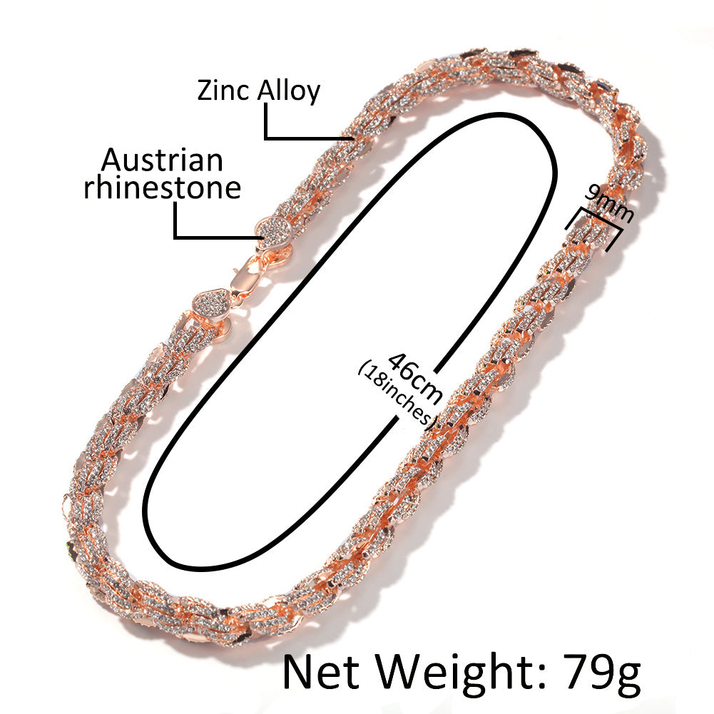 Hip-hop Gold Plated Alloy Rhinestone Inlay Rope Chain Necklace for Men