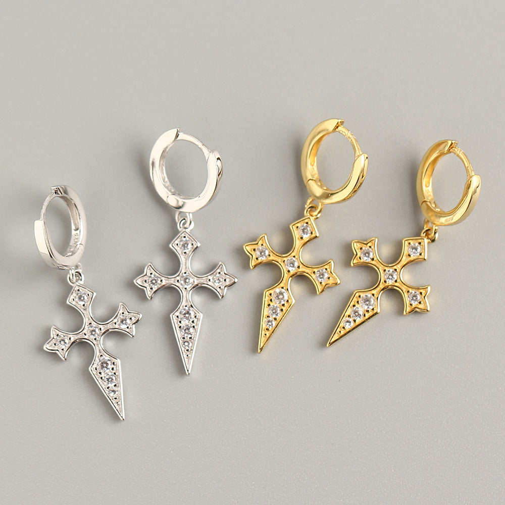 Eleganti orecchini di lusso con croce in argento sterling 925 e intarsio di diamanti