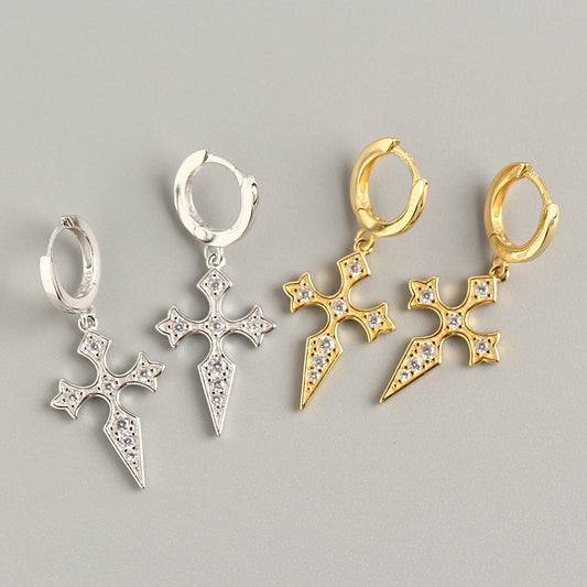 Pendientes elegantes de lujo de plata de ley 925 con diseño de cruz e incrustaciones de diamantes