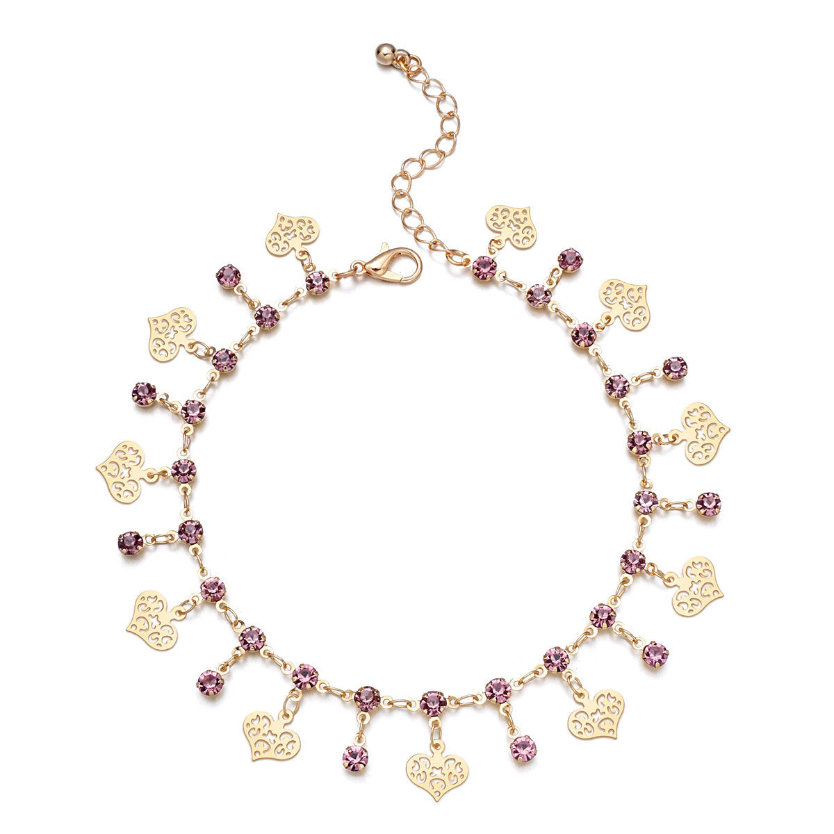 Beach Anklet for Women Heart-Shaped Copper Anklet with Rhinestone Inlay