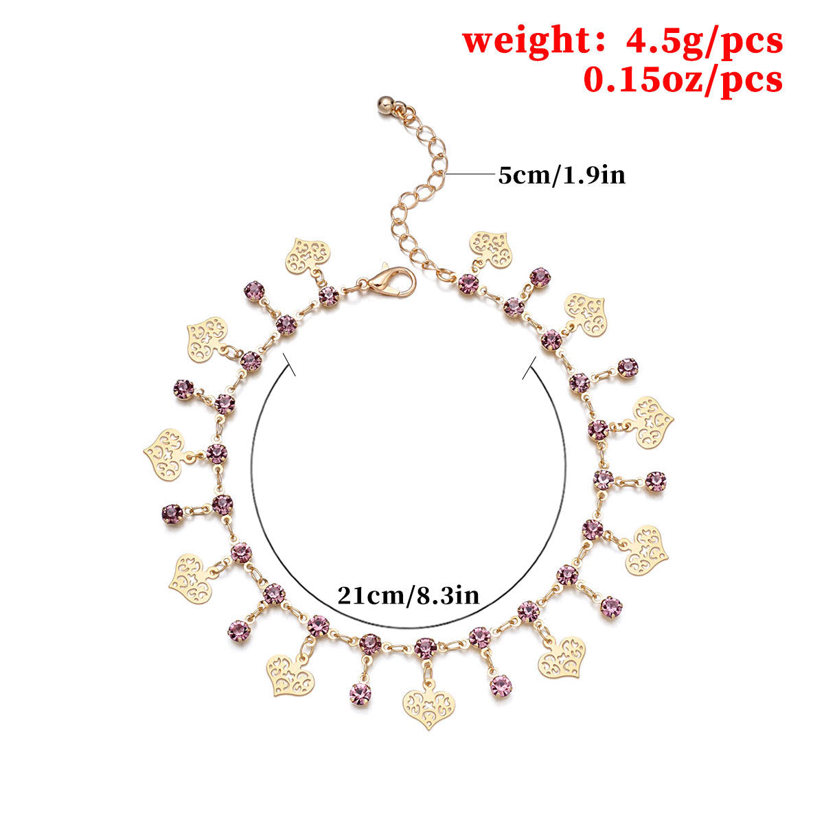 Beach Anklet for Women Heart-Shaped Copper Anklet with Rhinestone Inlay