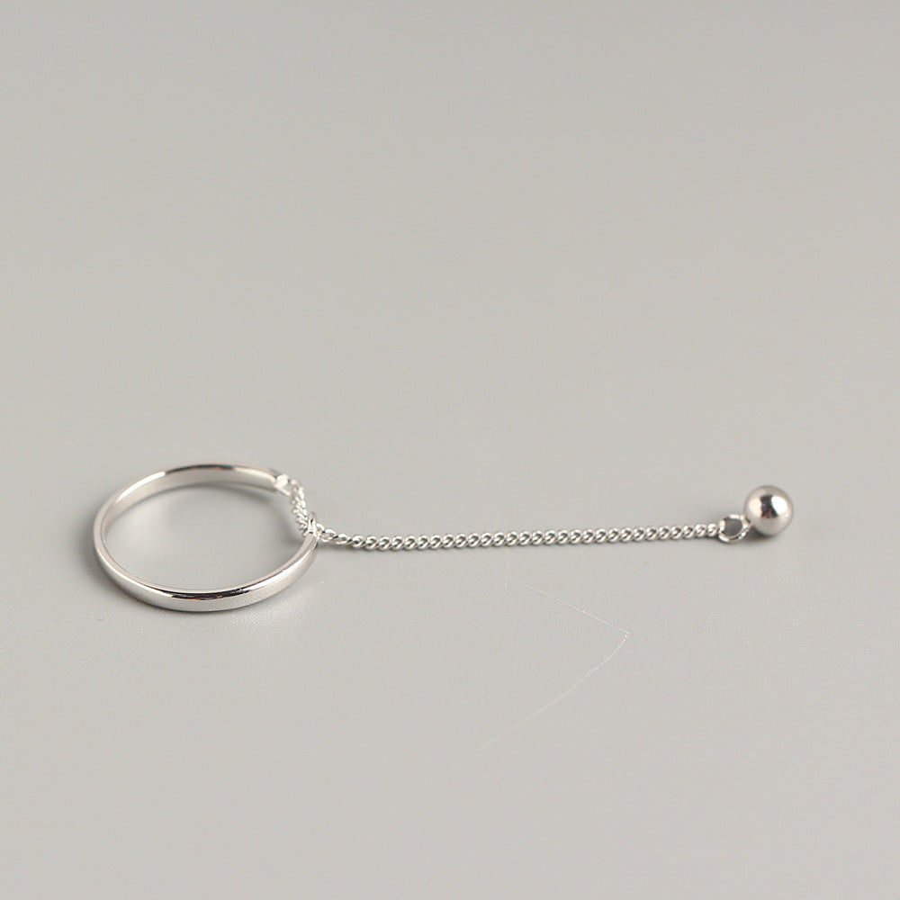 Anillo de cadena de cuentas redondas de plata de ley 925 minimalista con borla para mujer
