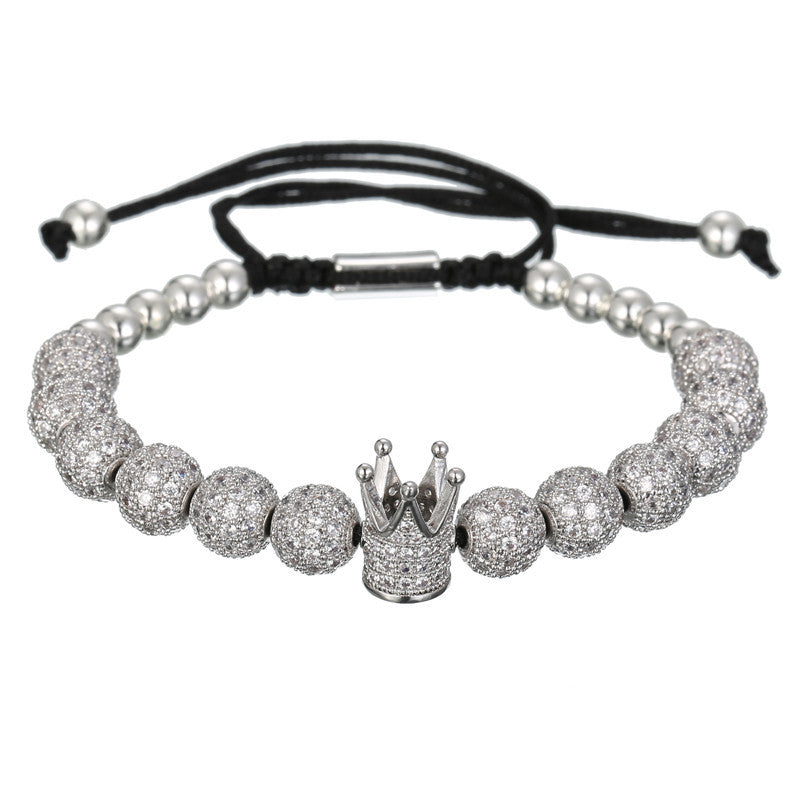 Fashion Geometric Micro-pave Cubic Zirconia Brass Round Bead Crown Braided Adjustable Bracelet