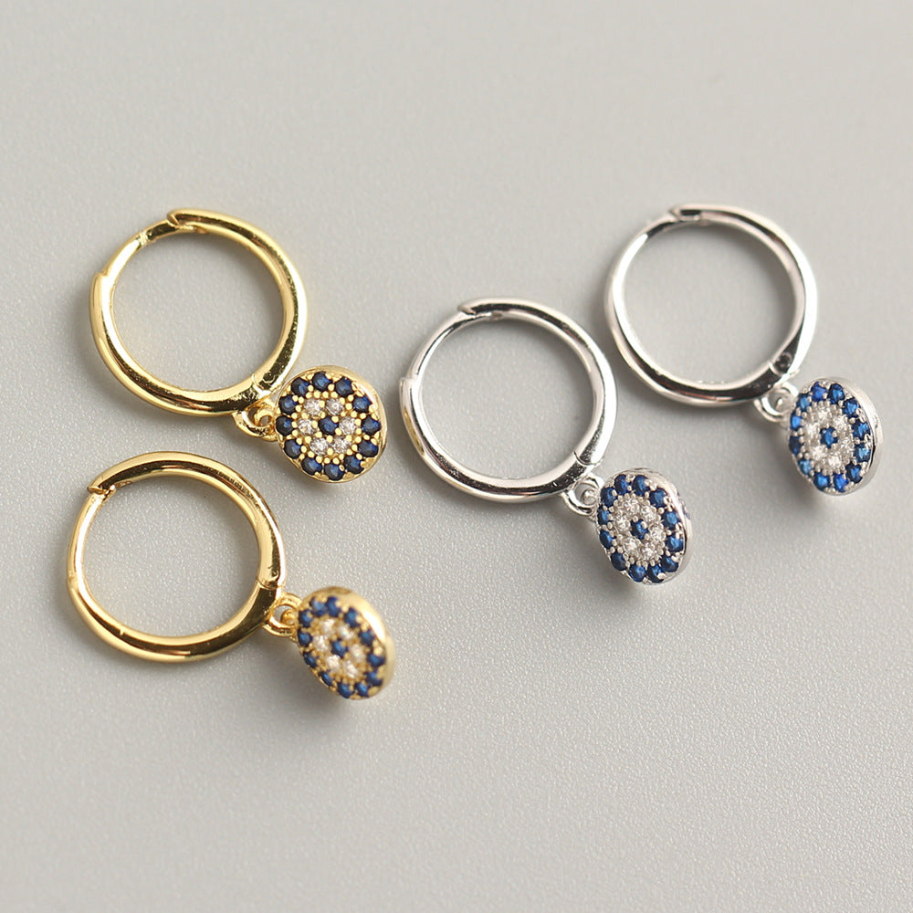 Orecchini a cerchio da donna minimalisti in argento sterling 925 con pavé di diamanti e occhio di Allah