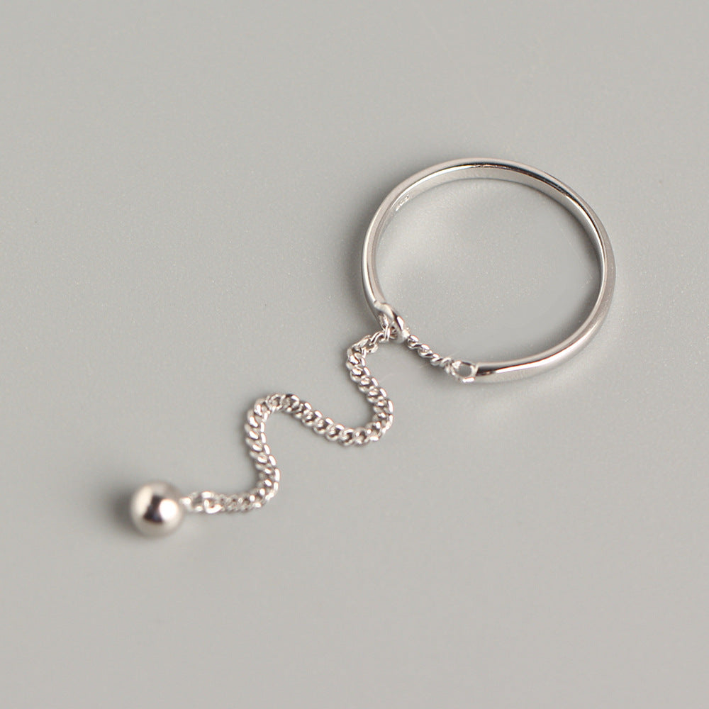 Anillo de cadena de cuentas redondas de plata de ley 925 minimalista con borla para mujer